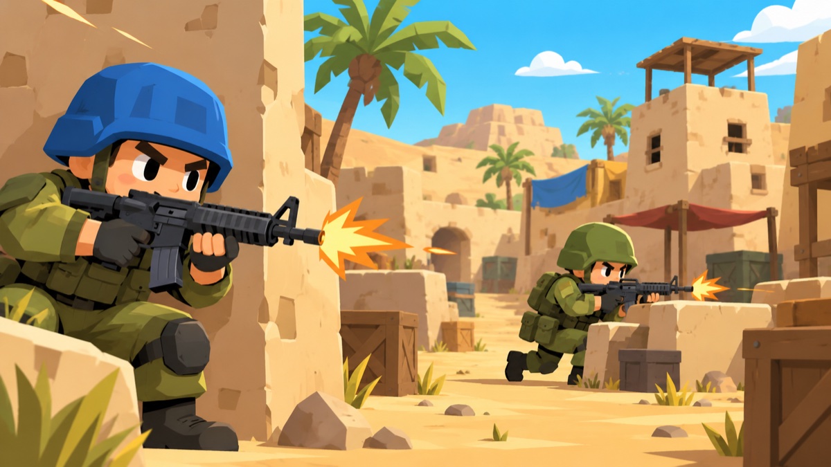 Infantry using buildings and low walls for cover in a desert village