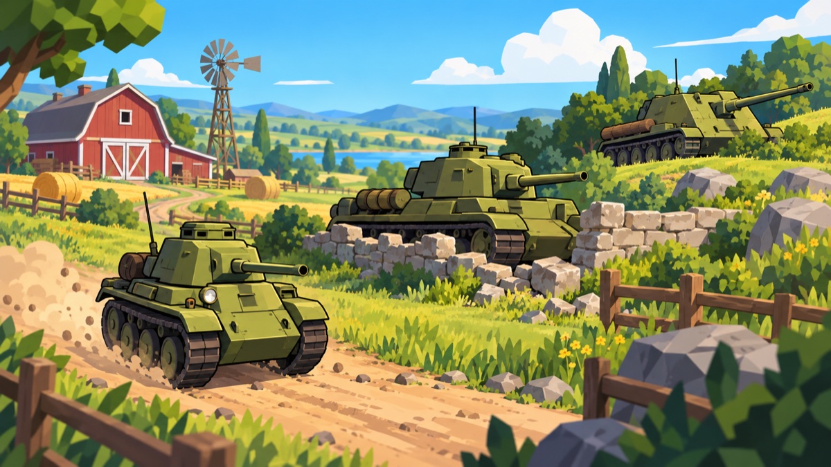 A light scout, medium tank, and tank destroyer working together across farmland